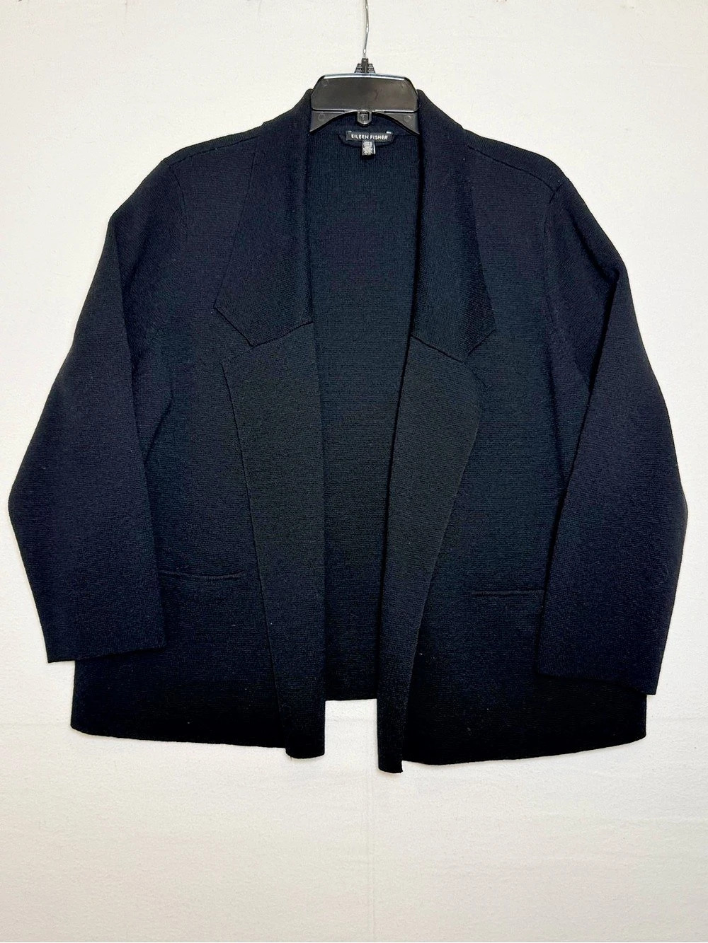 Eileen Fisher 100% Wool Open Front Knit Blazer Cardigan Black Size L